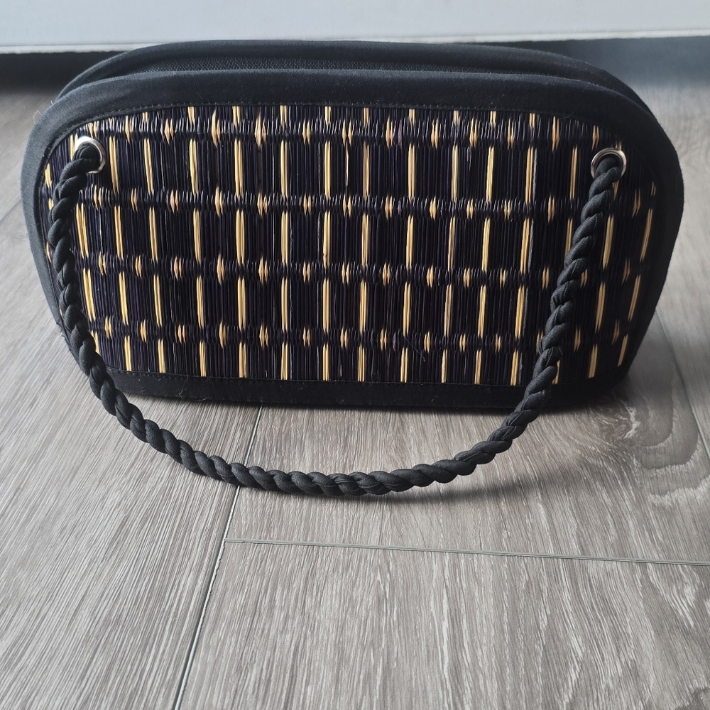 Woven Straw Clutch Boho Bag Black Tan Bamboo Style Summer Beach Purse - Picture 4 of 8